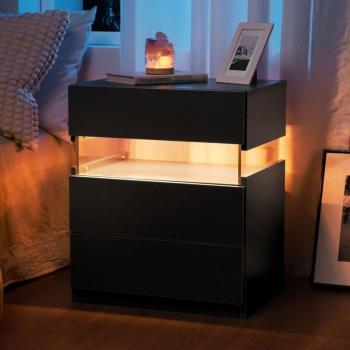 Meuble de Chevet Noir à LED et Tiroirs