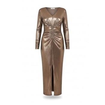 Yumi Women’s Gold Metallic Maxi Dress – Long Sleeve, Split Hem, 14