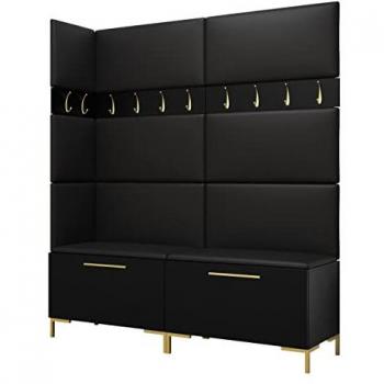 Conjunto de recibidor Hartford F104, 196x168x46cm, negro, aglomerado laminado, cuero ecológico, diseño montado en la pared