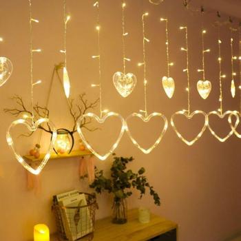Decorazione Cuore LED con Tenda, 8 Modalità, 3m, Bianco Caldo