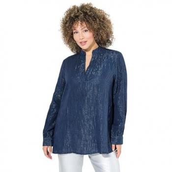 Ulla Popken Damen Longbluse, Übergröße 50/52, blau, Baumwolle, Metallic-Streifen