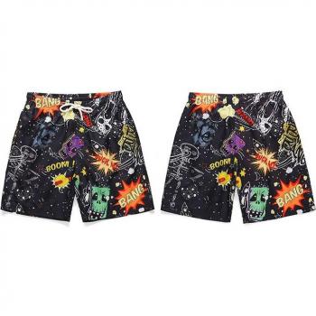 Elastic Casual Beach Shorts for Men with Cartoon Alien Print
