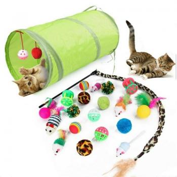 21-Piece Pet Play Kit with Cat Tunnel and Feather Toys