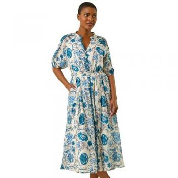 Chemise-Robe Midi Bleu Imprimé Floral