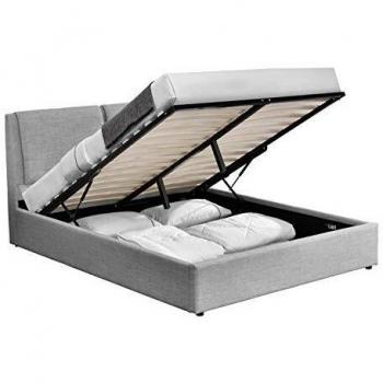 Lit Borg avec espace de rangement sous le matelas en tissu de lin gris clair, dimensions : 160x200 cm