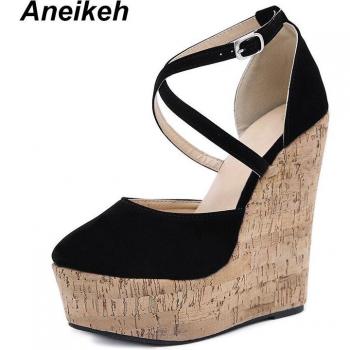 Aneikeh Women's Black Dress Sandals Cross-Strap Wedges 41-42