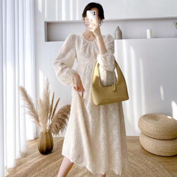 2022 Spring Lantern Sleeve Maternity Dress O-Neck High Waist Chiffon