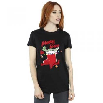 Star Wars Merry Force Be With You Cotton Boyfriend Tee, Black, Size L