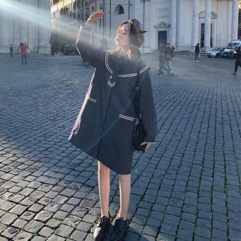 Navy Collar Dress with Big Pockets