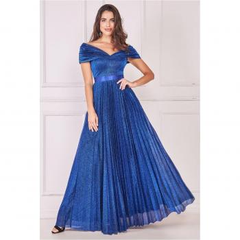 Goddiva Bardot Pleated Skirt Maxi in Royal Blue