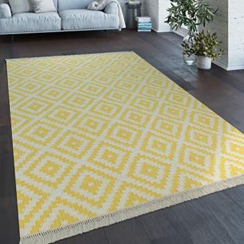 Paco Home Teppich Kenitra 500, rechteckig, 12 mm Höhe, Flachgewebe, reine Wolle, Rauten Design, Fransen