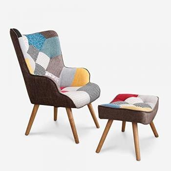 Patchwork Comfort: Sillón + Taburete de Madera Haya