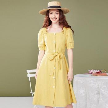 ARTKA French Style Summer Dress for Women with Square Collar and Puff Sleeves, Long Cotton Dress LA25603X