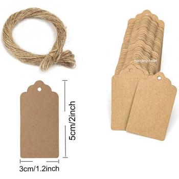 100 stuks verpakking labels, 5x3 cm, bruin kraft, zwart/wit papieren tags