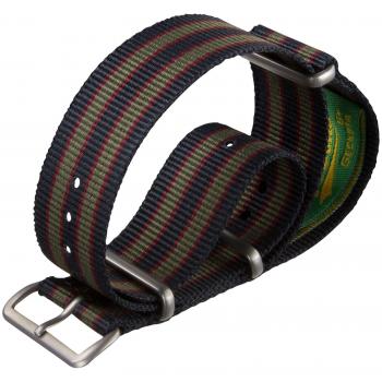 Cinturino Geckota® 20mm NATO Nylon Argento Satinato con Design Bond Vintage – Blu/Rosso/Verde