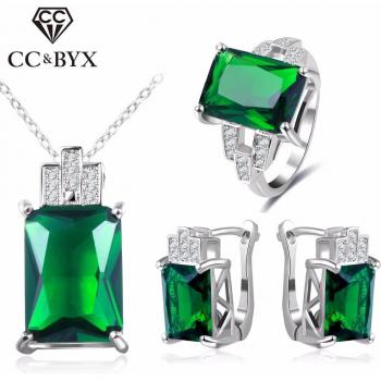 CC Jewelry Green Stone CZ Wedding Jewelry Set in 925 Sterling Silver
