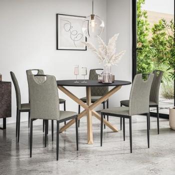 Malvern Grey‑Tone Dining Set: Black Oak Table + 6 Monza Fabric Chairs