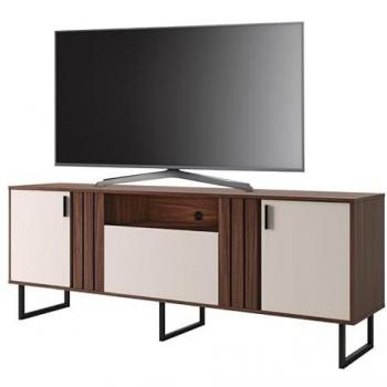 JURUA 70 pouces – Meuble TV avec 3 portes, 4 niches, pieds en acier, couleur imitation noyer-blanc
