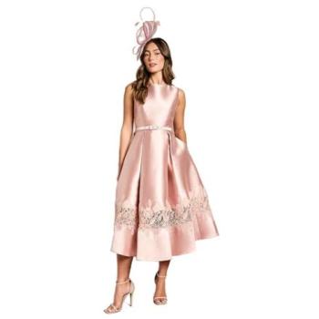 Effortless Elegance Pink Sleeveless Twill Midi Dress, Lace Trim & Belt