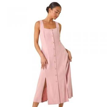 Roman Petite Pink Square-Neck Buttoned Midi Dress – Size 16