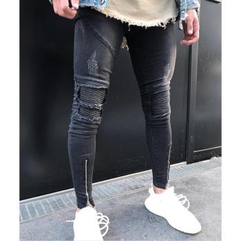 Jean slim plissé pour homme, style Hip Hop, déchiré, moto