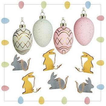 Premium Oster‑Deko Set (PF P a F e): 4 Glas‑Eier, 6 Hasen, 100 cm Girlande