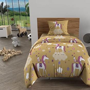 Parure de lit Licornes 140x200 cm, Jaune, 100% coton, 57 fils/cm²