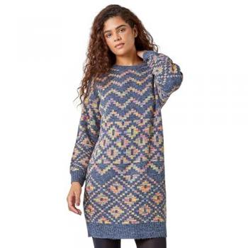 Grey Wool Geometric Print Jumper Dress