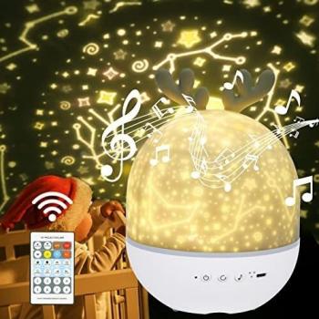 Lampada Proiettore Bambini Notturna Musicale 360° Rotazione con Display LED e Telecomando, Uraqt
