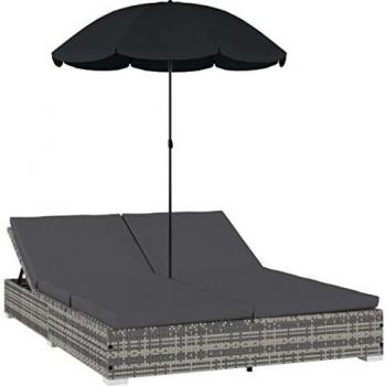 Lettino da Giardino con Ombrellone in Polyrattan Grigio