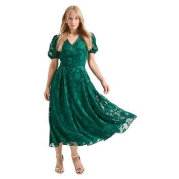 Puff‑Sleeve Florals Midi Dress (Forest) – Women, Size 10