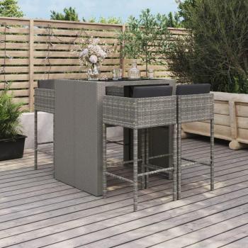 Conjunto Mesa y Taburetes Altos – 5 piezas con Cojines Ratan PE Gris