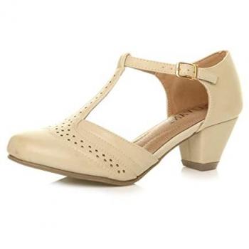 Nude AJVANI Mid-Cuban T-Bar Brogue Faux Leather Heel – Size 4