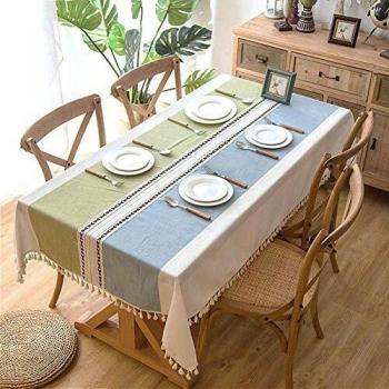 Lifetooler Nappe de Table en Coton et Lin Pampilles Réversible avec Bordure en Cordon(Vert, 140x220cm)
