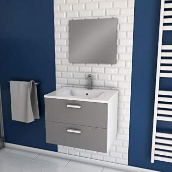 Mobile sospeso bagno 60 cm – cassetti grigio, lavabo in ceramica, specchio frontale
