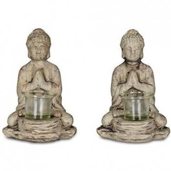Levandeo® 2er Set Teelichthalter Buddha Grau 19cm