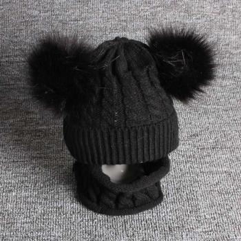 Autumn Winter Baby Hat and Scarf Set with Double Pompoms