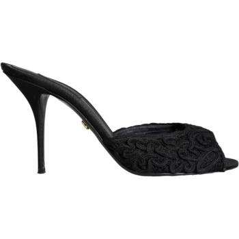 Black Cotton Heeled Sandals with Logo Detail
