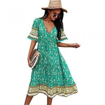 Jiraewh Damen V-Ausschnitt Boho Kleid Kurzarm Blumen Knielang