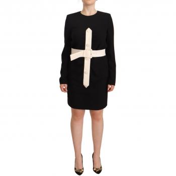 Black Wool Long Sleeves Belted Mini Sheath Dress