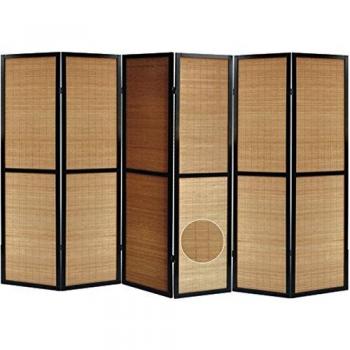 Paravent en bois noir avec accents de bambou, 6 pans