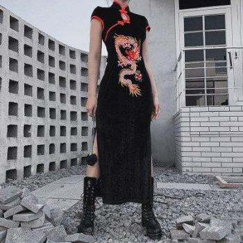 Vintage Black Dress with Chinese Cheongsam and Dragon Embroidery