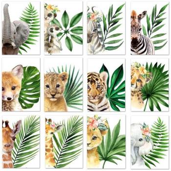 5D DIY Diamantstickerei mit Pflanzenblatt und Tiermotiven (Löwe, Zebra, Giraffe, Elefant) – 20 × 30 cm, Rotfarben