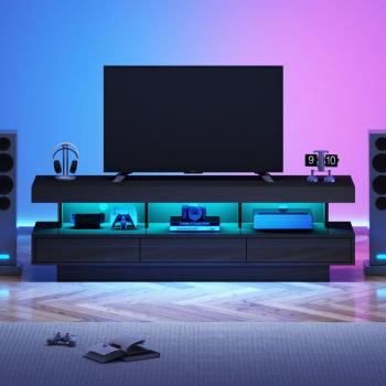 Modfu Mobile Tv 160x38x50,5 cm con 3 cassetti e 3 vani portaoggetti in vetro, LED con controllo app, finitura truciolare nera