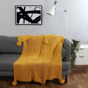 Dreamscene Large Chunky Knit Pom Pom Throw, Mustard Yellow Ochre