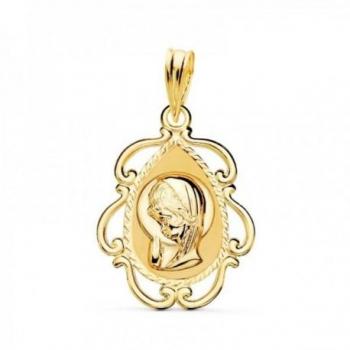 Medalla Virgen Niña Oro 18k con Detalle de Borde Calado 22mm