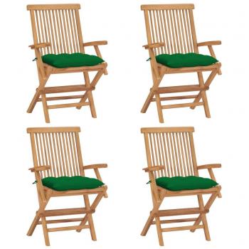 VidaXL Sillas de jardín 4 uds madera maciza de teca con cojines verdes