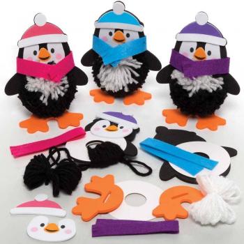 Penguin Pom Pom Kits (Pack of 3) Christmas Crafts 3 scarf & hat colours
