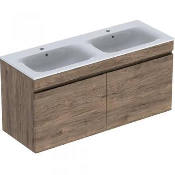Geberit Renova Plan meuble double lavabo 130x62,2x48cm, corps en noyer, lavabo blanc