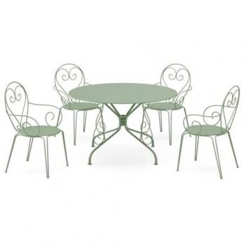 Sala Pranzo Giardino – Tavolo 120 cm in Metallo Ferro Battuto con 4 Poltrone Impilate Verde Acqua, Guermantes by Mylia